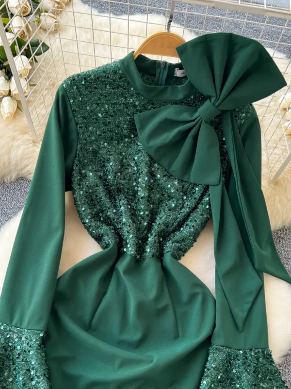 French Green Sequin Bow Fishtail Ruffle Vintage Evening Party Dress - Image 3