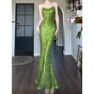 Luxury Green Prom Dress Sequin Fishtail Suspender Maxi Dress
