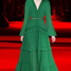 Designer Green Prom Dress V-Collar Lantern Sleeve Ruffle Maxi Dress