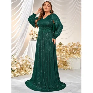 Elegant Green Prom Dress V-Neck Long Sleeve Sequin Maxi Dress