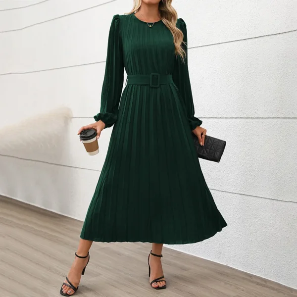 Elegant Dark Green Pleated Maxi Dress Long Sleeve Button Up - Image 3