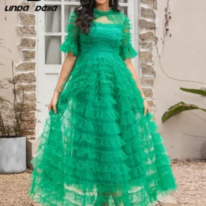 Designer Green Prom Dress Mesh Ruffle Tiered High Waist Maxi Dress