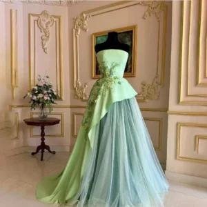 Sage Green Prom Dress 3D Floral Strapless Ball Gown Maxi Dress