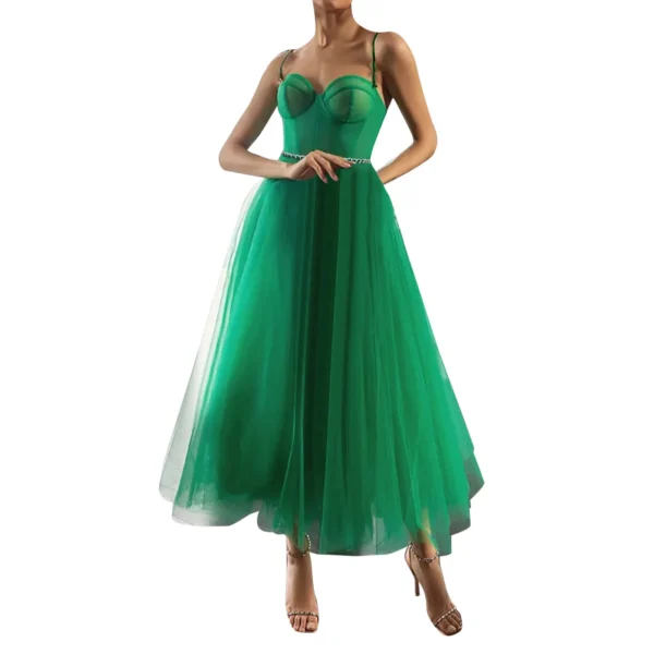 Green Sexy Spaghetti Strap Mesh Dress With Belt For Evening Parties - Image 2