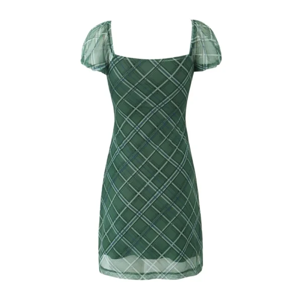 Retro French Green Plaid Puff Sleeve Bodycon Mini Party Dress Women - Image 15