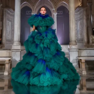 Haute Green Prom Dress Tiered Tulle Ball Gown Wedding Party Dress