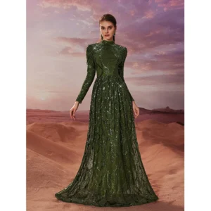 Elegant Green Prom Dress O-Neck Long Sleeve Sequin Maxi Evening Gown
