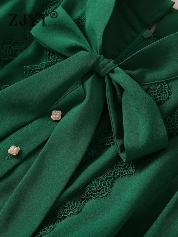 Green Prom Dress Elegant Long Sleeve Bow Collar Pleated Maxi Party Gown - Image 3