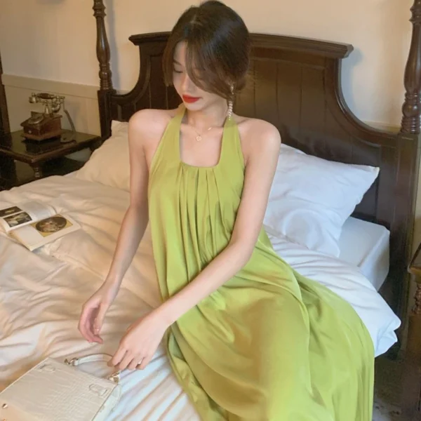 Green Halter Backless Ankle-Length Loose Dress For Women Summer - Image 5