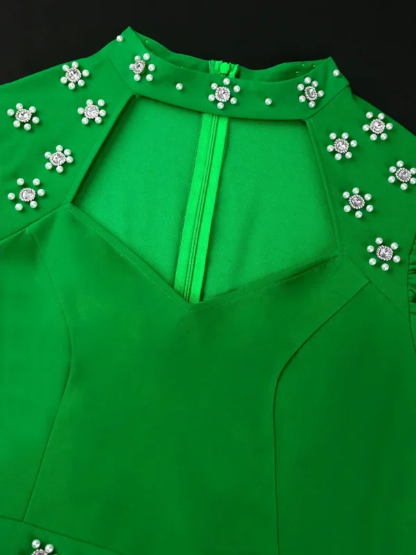 Green Mock Neck Long Sleeve Cut Out Beaded Party Dress Women - Image 4