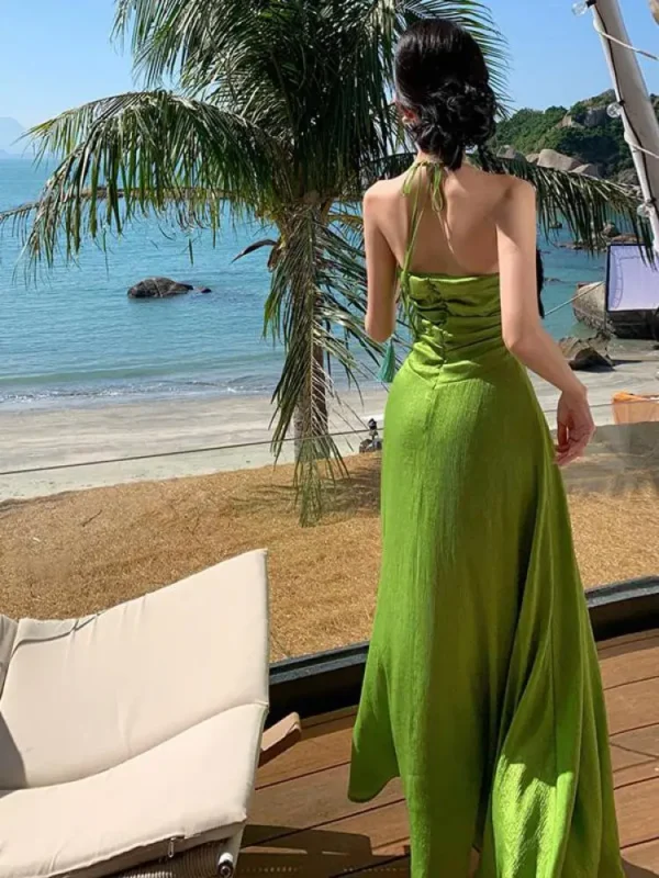 Green Sleeveless Pleated Halter Bandage Long Dress Evening Party - Image 2