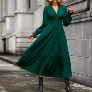 Chic Green Prom Dress V-Neck Long Sleeve High Waist Midi Dress