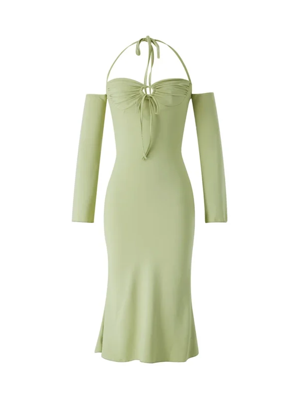 Elegant Pea Green Halter Off Shoulder High Waist Evening Party Dress - Image 4
