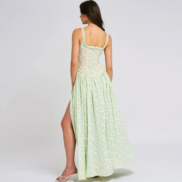 Elegant Green Spaghetti Strap High Slit Maxi Dress For Evening Party - Image 3