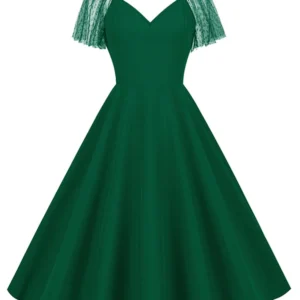 Vintage Green Prom Dress V-Neck Mesh Sleeve Swing Cocktail Dress