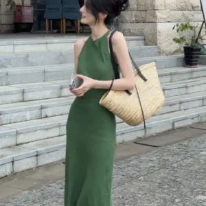 French Vintage Green Prom Dress Off-Shoulder Sleeveless Midi Dress