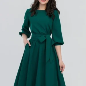 Women’s Vintage Green Summer Round Neck Lace-Up Elegant Maxi Dress