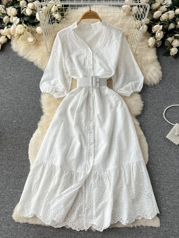 Green White Korean Chic Lace Flower Waist Summer Dress For Women 2025 - Image 3