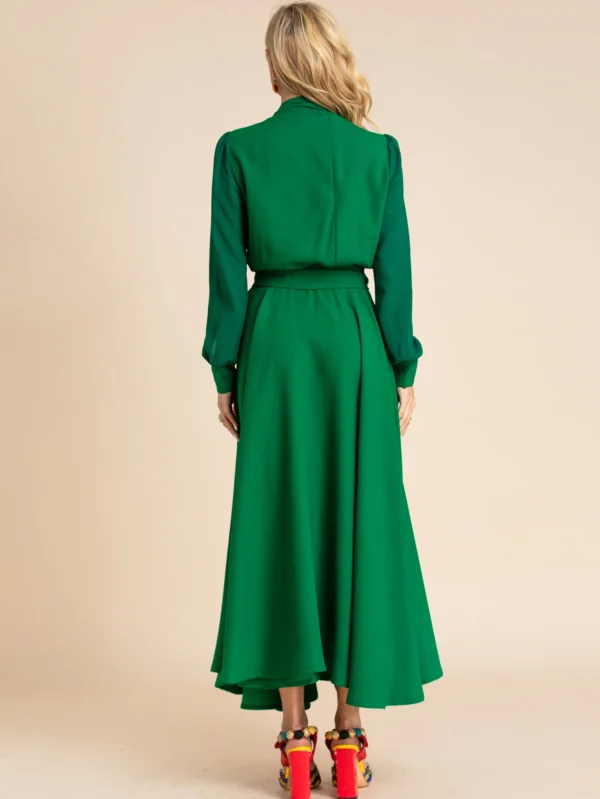 Elegant Green Long Sleeve Belted Chiffon Draped Maxi Dress for Women - Image 3