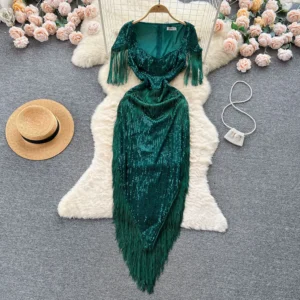 Sparkly Green Prom Dress Sequin Tassel Square Neck Vintage Party Dress