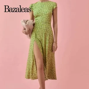 Floral Green Prom Dress O-Neck Backless Split Slim Midi Dress