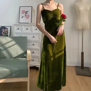 French Vintage Green Prom Dress Velvet Sleeveless Slip Maxi Dress