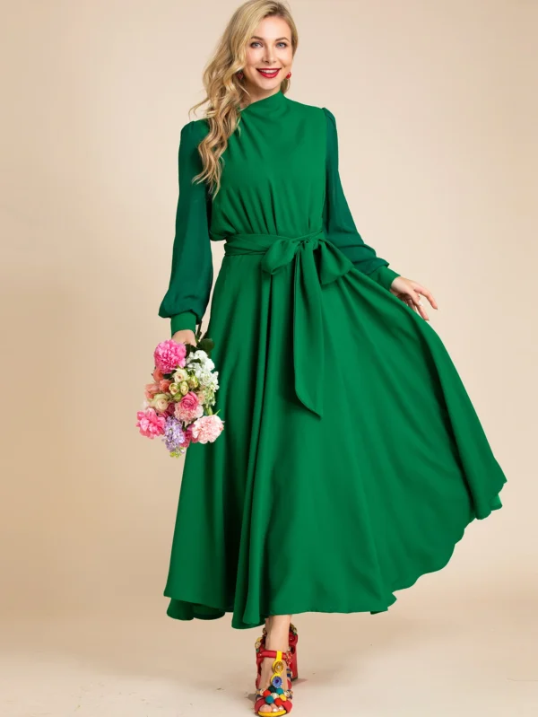 Elegant Green Long Sleeve Belted Chiffon Draped Maxi Dress for Women - Image 2