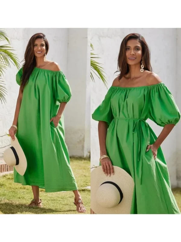 New Green Casual Puff Sleeves Slant Shoulder Elegant Party Dress - Image 2