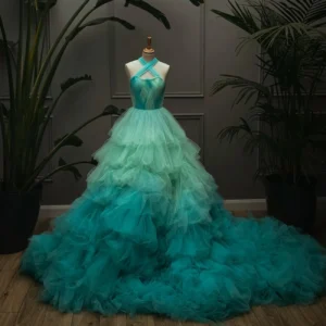 Fairy Green Prom Dress Ombre Halter Tulle Layered Pageant Gown