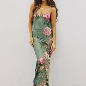 Floral Green Prom Dress Sleeveless V-Neck Backless Bodycon Beach Dress