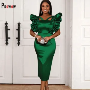 Satin Green Prom Dress Square Neck Ruffle Sleeve Slim Party Dress