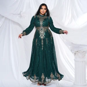 Luxury Green Prom Dress Sequin Long Sleeve O-Neck Maxi Evening Gown