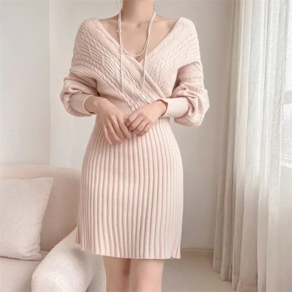 Women Green V-Neck Knit Crochet Dress Sexy Y2K Streetwear Jumper - Image 2