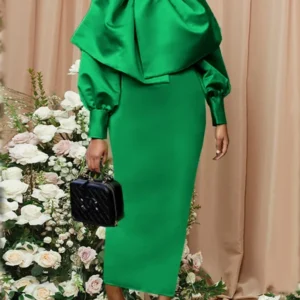 Elegant Green Prom Dress Turtleneck Lantern Sleeve Bodycon Maxi Dress