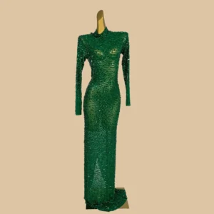 Sparkly Green Prom Dress Crystal Mesh Sexy Maxi Performance Gown
