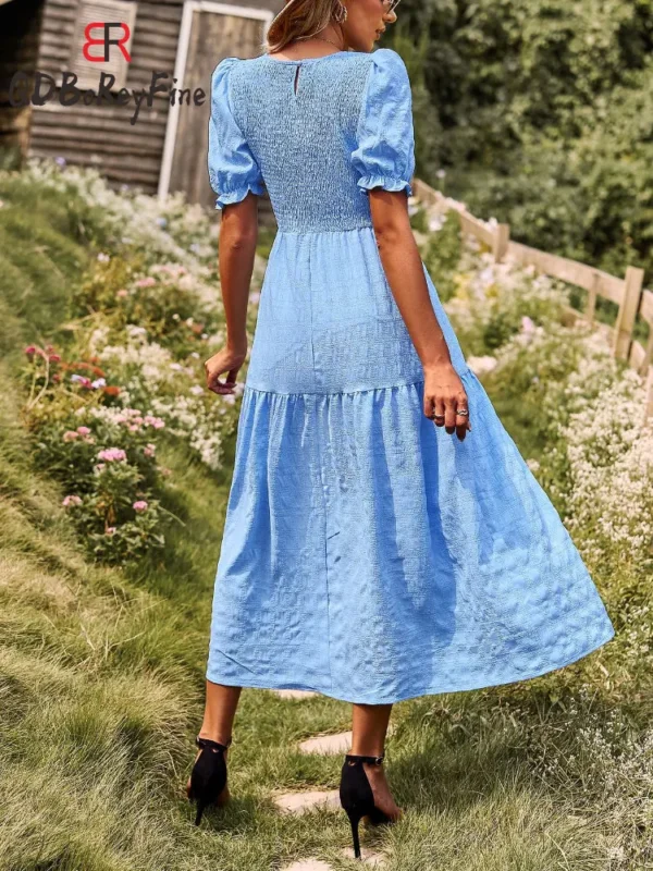 Green Summer Elegant Slim A-Line O-Neck Maxi Dress Women Birthday - Image 5