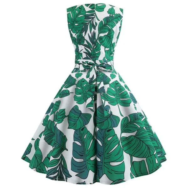 Women Summer Sleeveless Green Leaf Print Midi Vintage Party Dress - Image 4