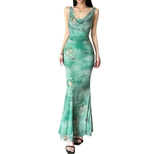 Mint Green Ruffle Mesh Dress With Butterfly Print Slim Waist Long Gown - Image 5