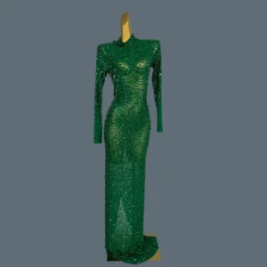 Sparkly Green Prom Dress Crystal Mesh Sexy Maxi Performance Gown