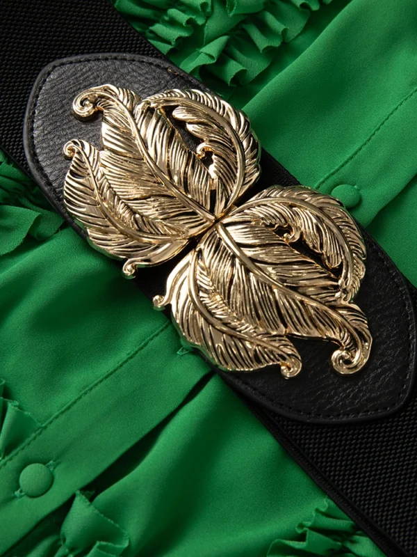 Green Vintage Single Breasted Dress Lantern Sleeve Stand Collar Autumn Fashion - Image 9