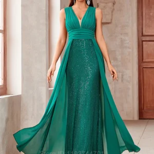 Glam Green Prom Dress V-Neck Backless Sequin Mermaid Evening Gown