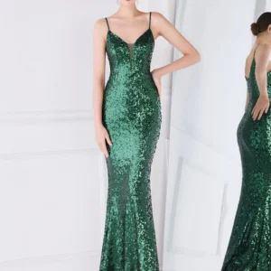 Sexy Green Prom Dress V-Neck Spaghetti Strap Sequin Maxi Dress