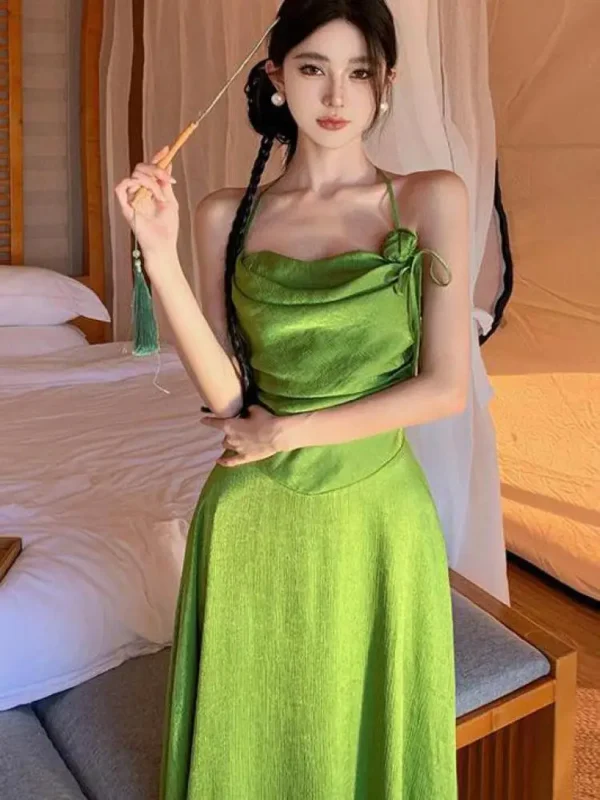 Green Sleeveless Pleated Halter Bandage Long Dress Evening Party - Image 3