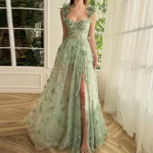 Vintage Mint Green Prom Dress Applique Tulle Sleeveless Ball Gown