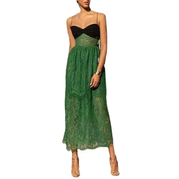 Sexy Green Lace Strap Dress With Hollow Multi-Layer Holiday Style Wear - Image 3