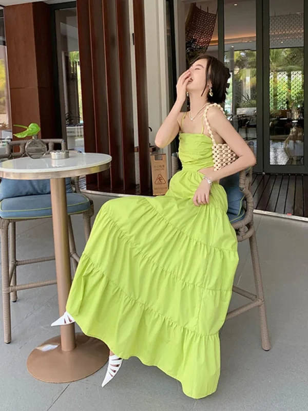 Sexy Hollow Out Green Sleeveless High Waist Midi Dress 2025 Summer - Image 6