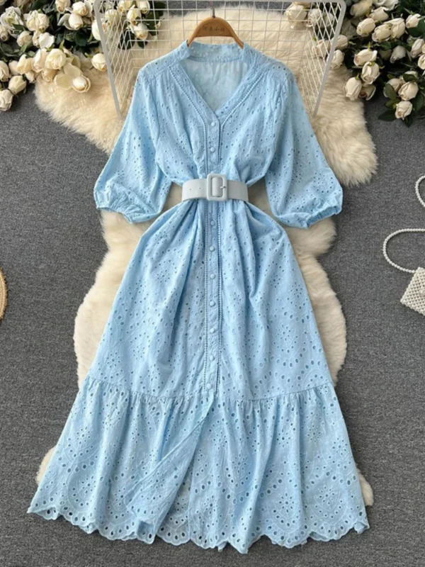 Green White Korean Chic Lace Flower Waist Summer Dress For Women 2025 - Image 5