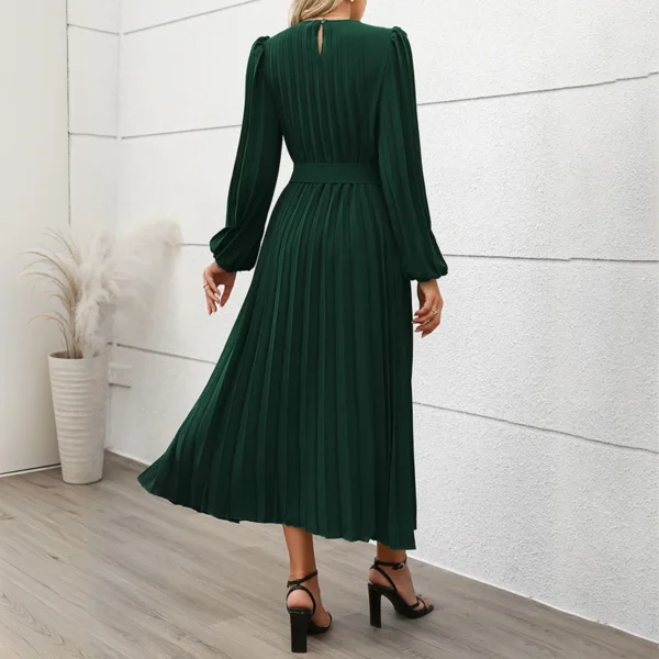 Elegant Dark Green Pleated Maxi Dress Long Sleeve Button Up - Image 2