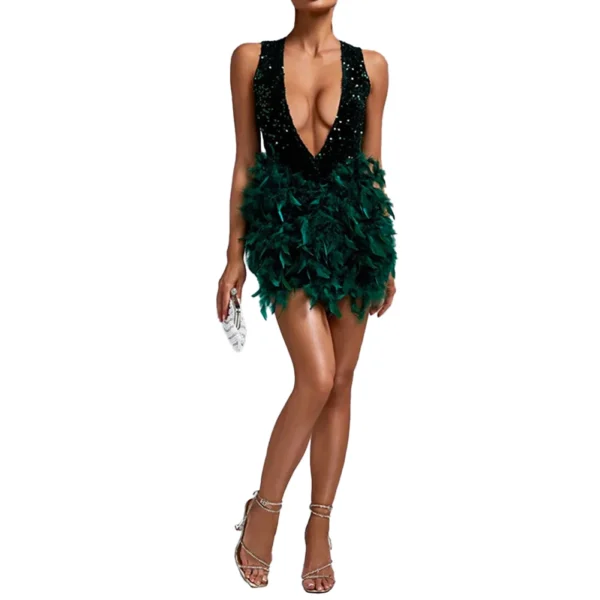Elegant Party Backless Dress With Feather Details Dark Green Elastic