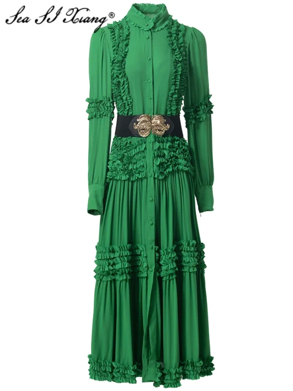 Green Vintage Single Breasted Dress Lantern Sleeve Stand Collar Autumn Fashion